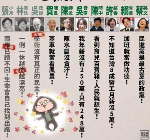 国民党7日在官方脸书粉丝页,引述包含台湾地区领导人蔡英文与台行政机构负责人赖清德等蔡当局10位政务官过去发言,制成“民进党干话治国”图档。图片来源:台湾《联合报》 国民党7日在官方脸书粉丝页,引述包含台湾地区领导人蔡英文与台行政机构负责人赖清德等蔡当局10位政务官过去发言,制成“民进党干话治国”图档。图片来源:台湾《联合报》